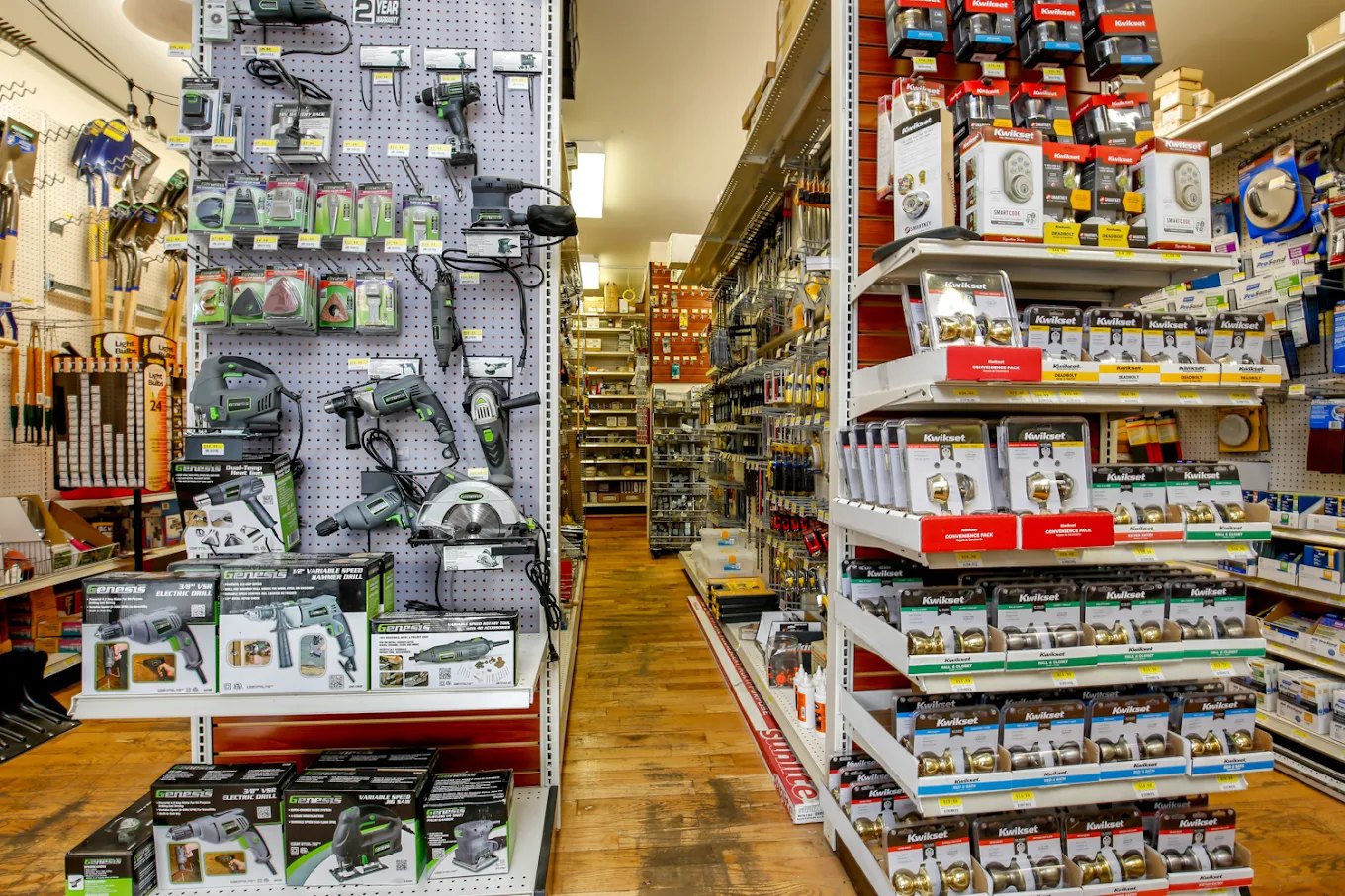 Inside B & G Hardware - aisles stocked with locks, deadbolts, and tools